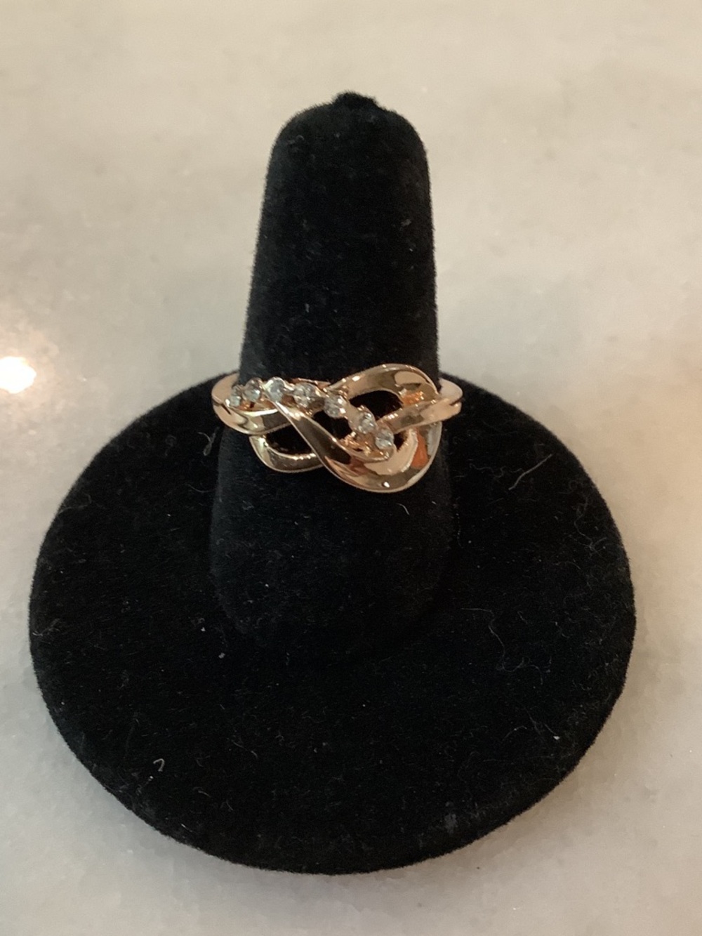 Women’s Rose Gold-Tone Twisted Knot Ring with Clear Accent Stones, Brand New